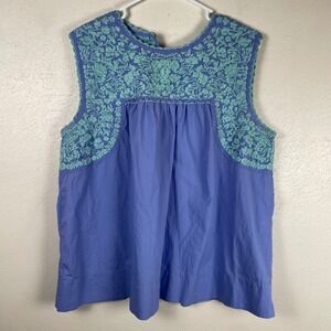 Sister Mary Womens Blue Floral Embroidered Cotton Boho Sleeveless Top Large